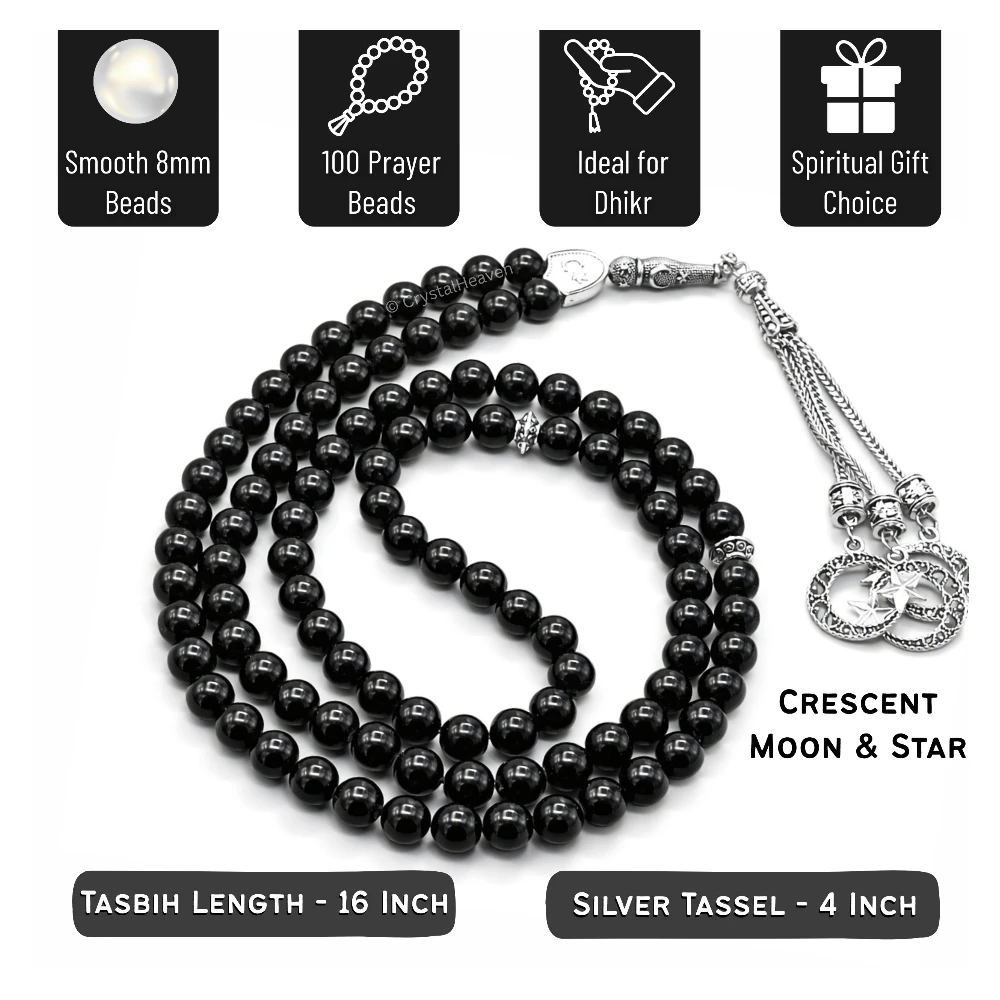 Black Tourmaline Crystal Tasbih (Silver)