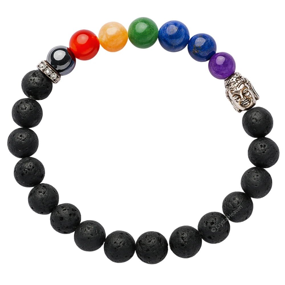 Lava Stone Chakra with Buddha Bracelet (Elastic)