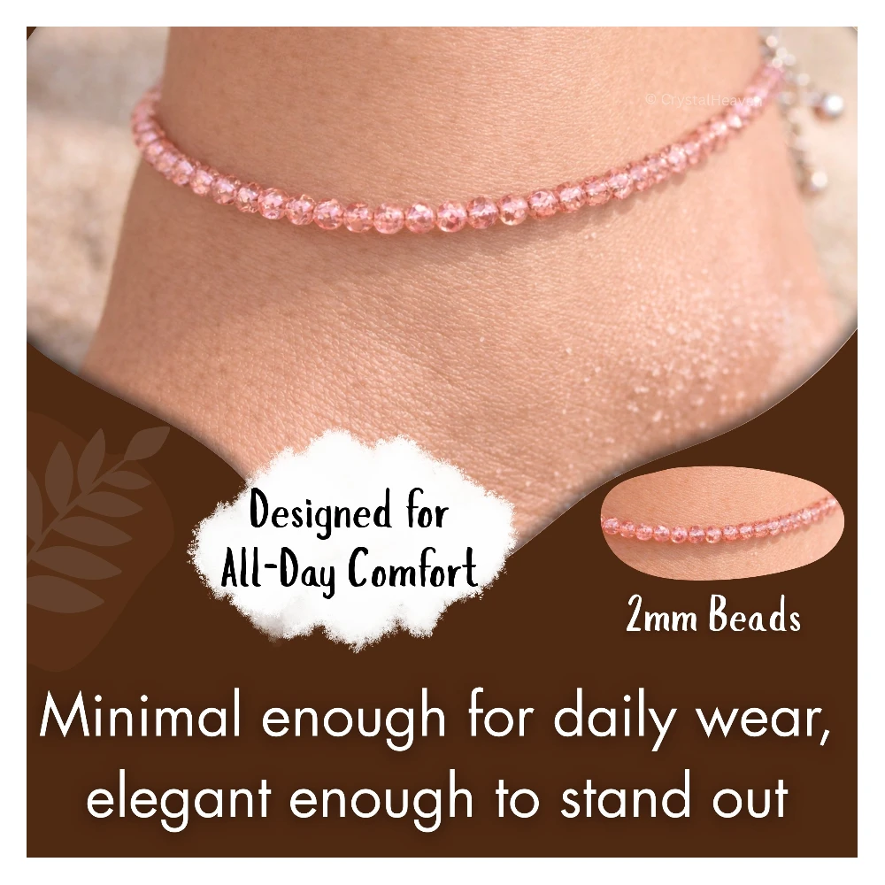 Pink Strawberry Anklet - 2mm Faceted Beads (Silver)
