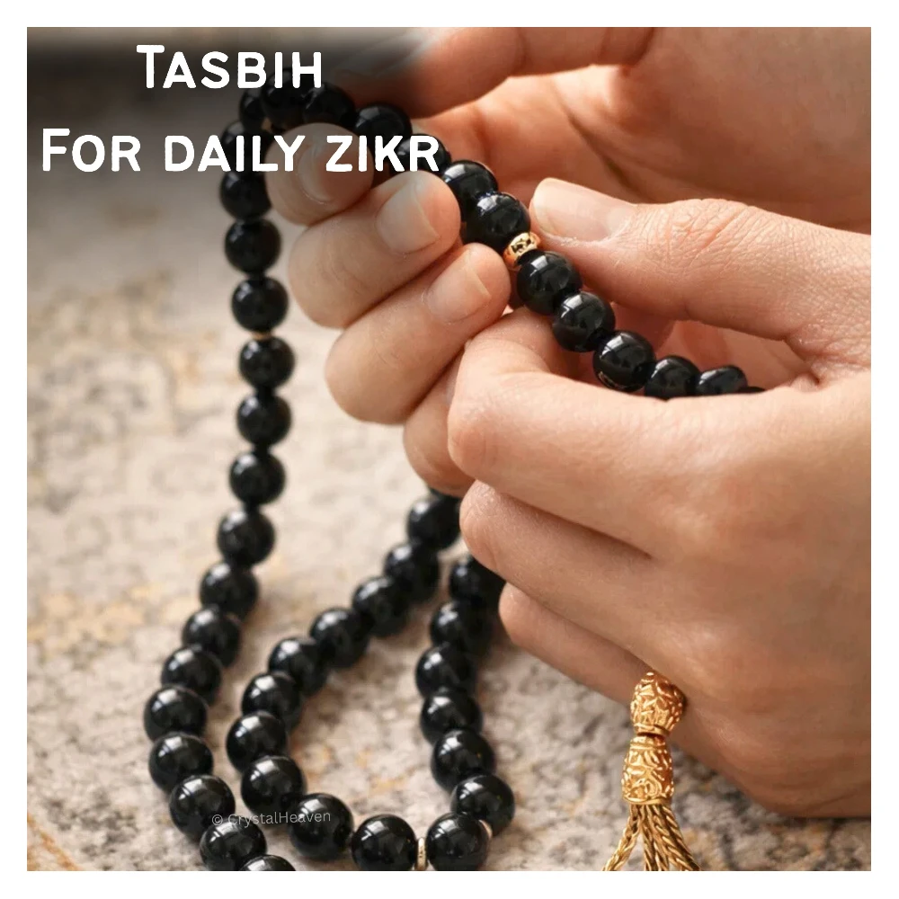 Black Tourmaline Crystal Tasbih (Gold)
