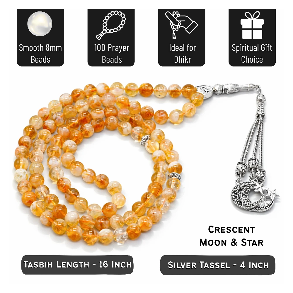 Natural Citrine Crystal Tasbih (Silver)