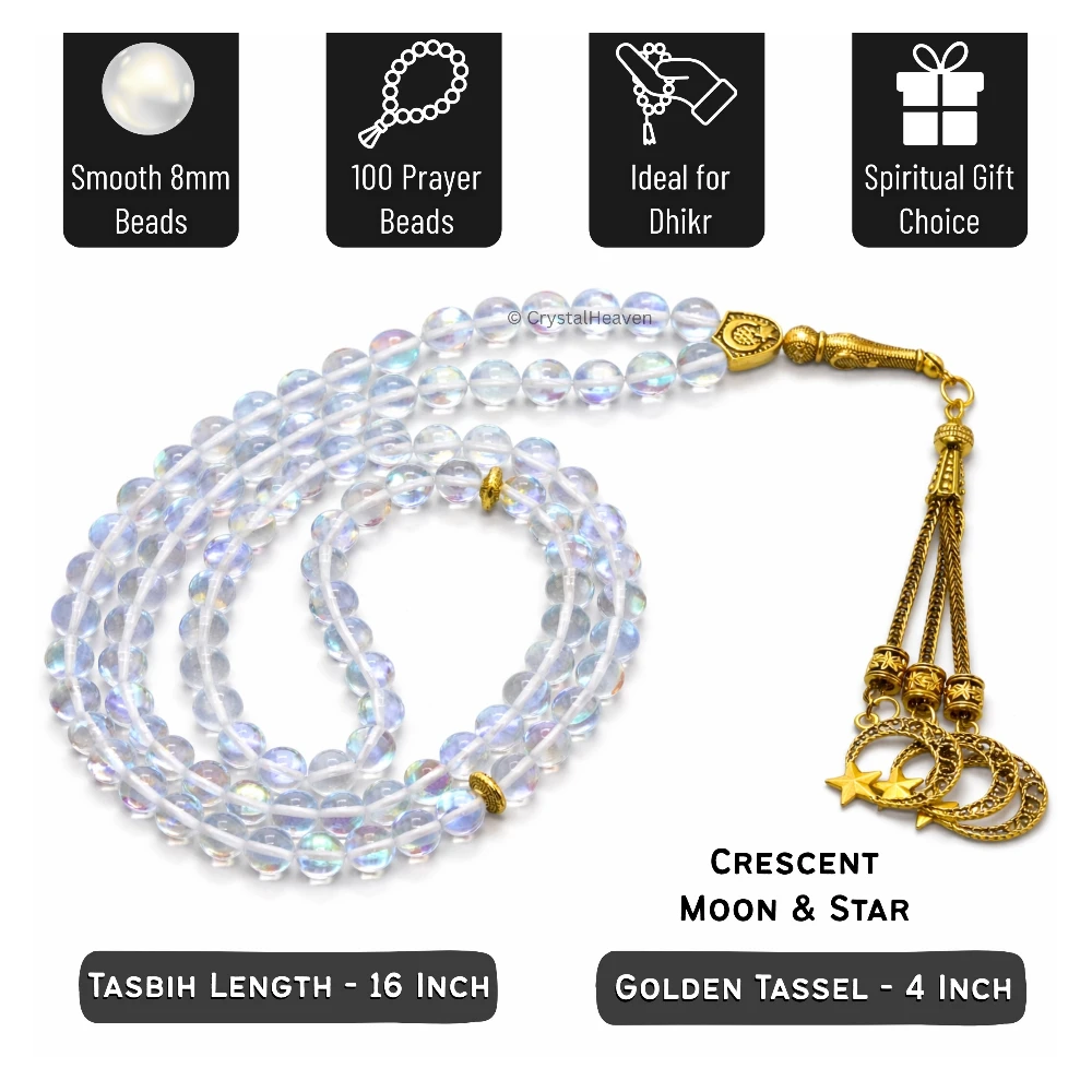 White Mermaid Glass Crystal Tasbih (Gold)