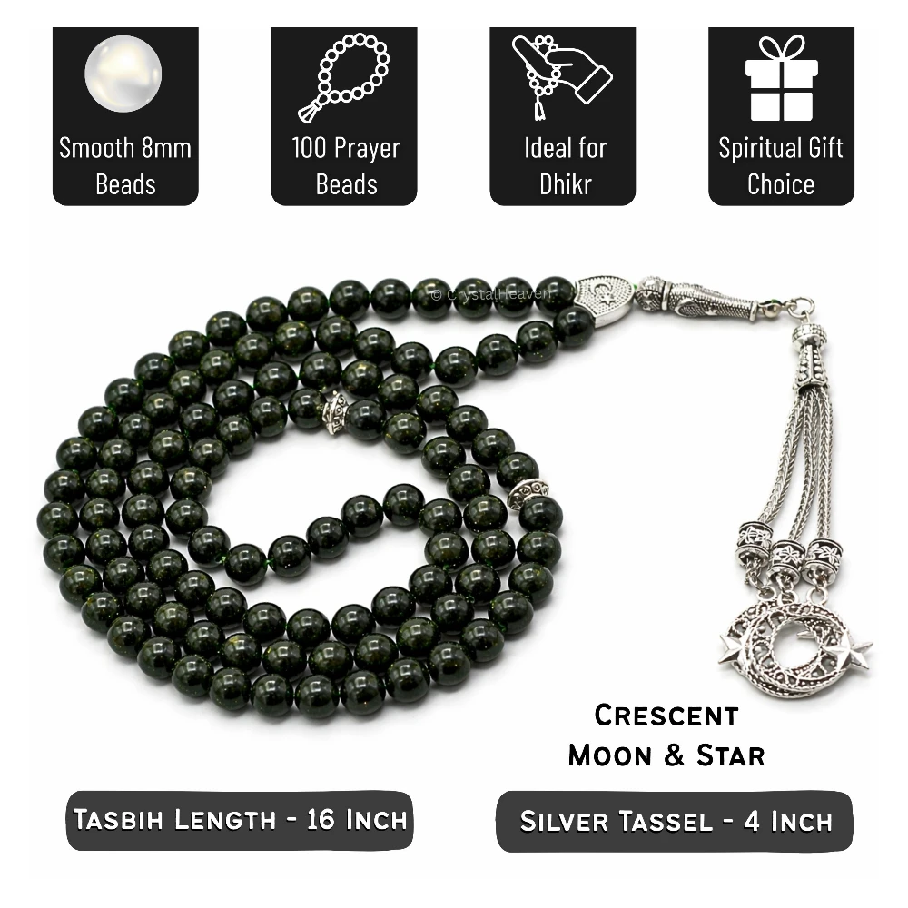 Green Goldstone Crystal Tasbih (Silver)