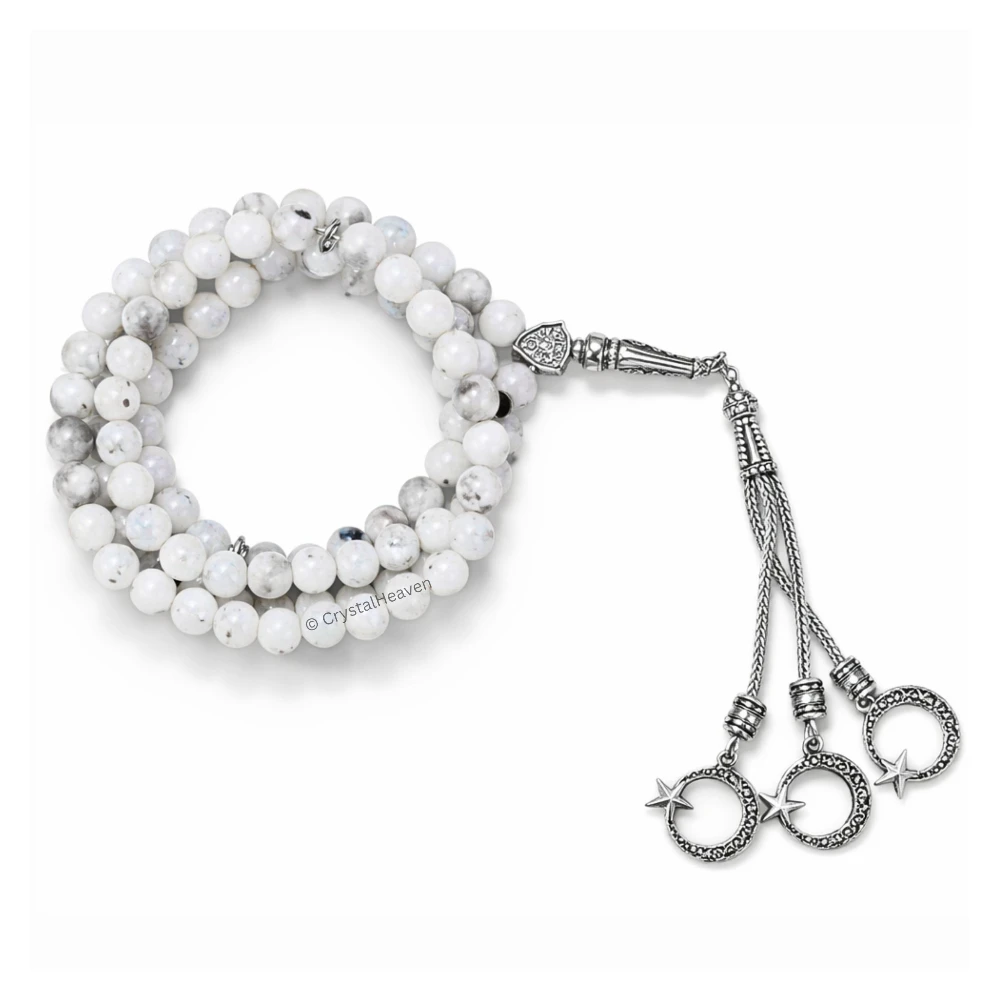 Rainbow Moonstone Crystal Tasbih (Silver)