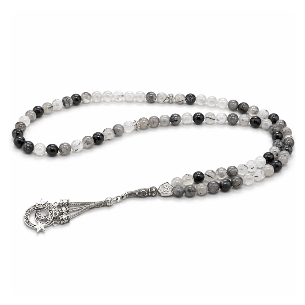Black Rutilated Quartz Crystal Tasbih (Silver)