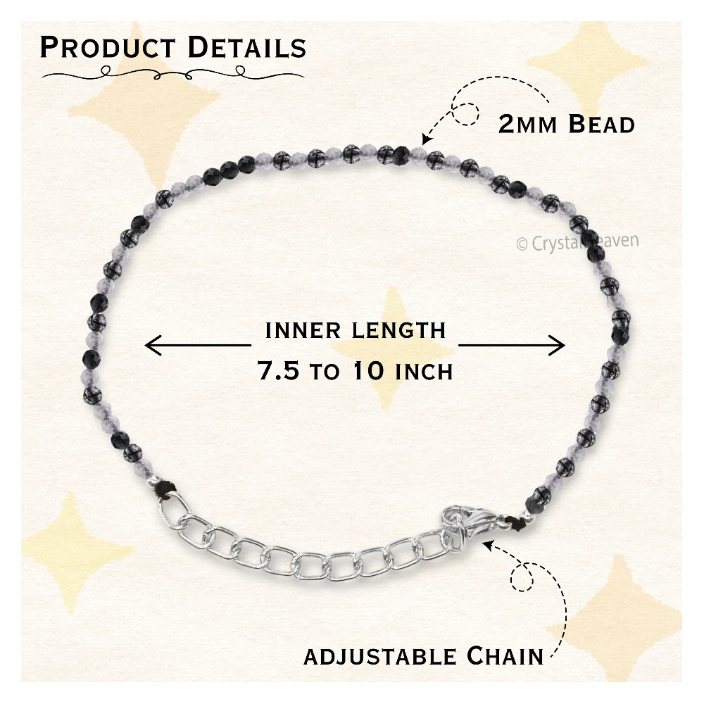 Black Rutilated Quartz Bracelets - 2mm Faceted Beads (Silver)