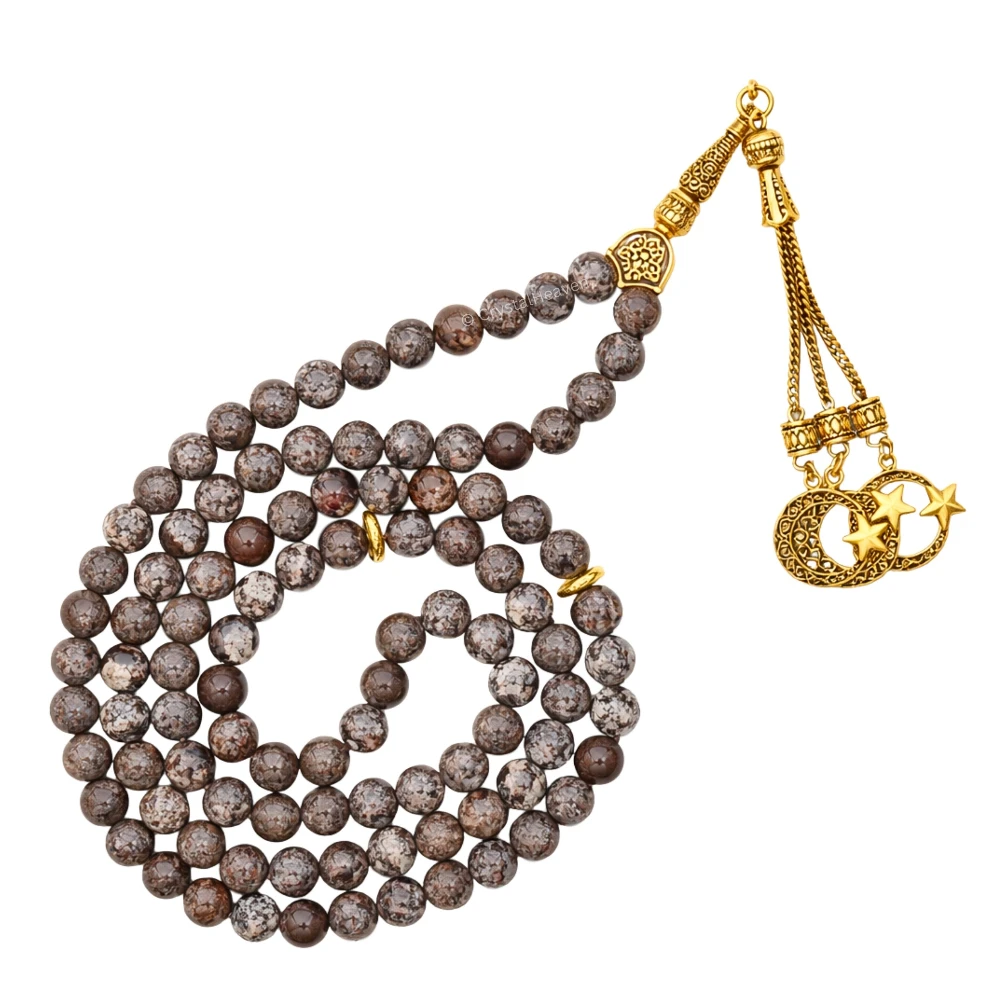 Brown Snowflake Obsidian Crystal Tasbih (Gold)