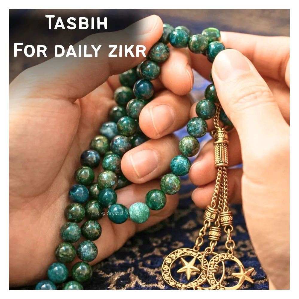 Moss Agate Crystal Tasbih (Gold)