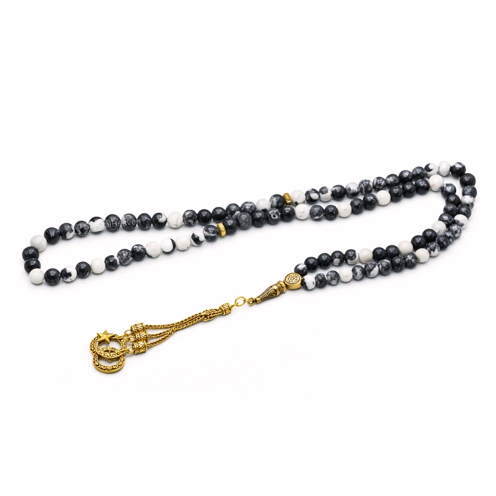 Black and White Jasper Crystal Tasbih (Gold)