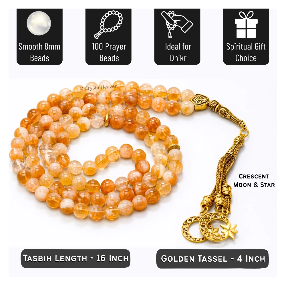 Natural Citrine Crystal Tasbih (Gold)
