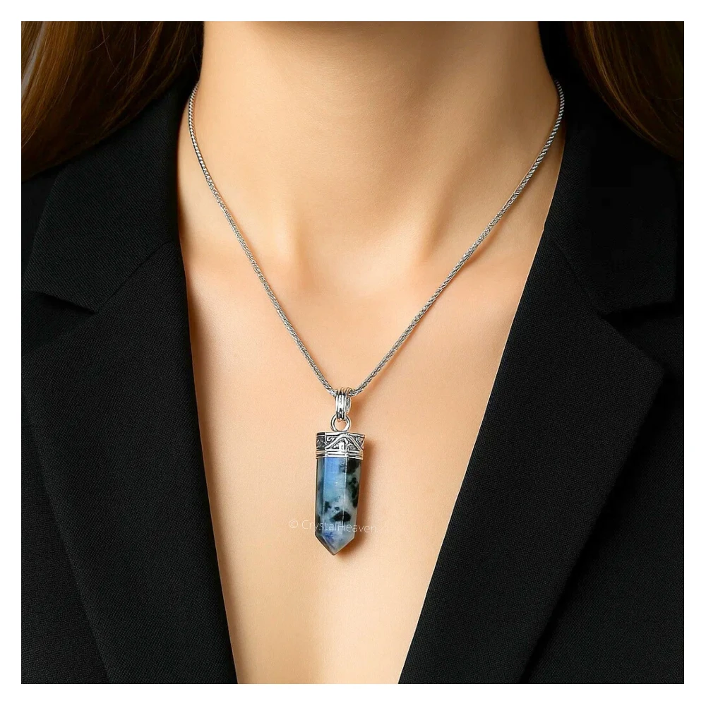 Rainbow Moonstone Necklace - Pencil Point (Silver)