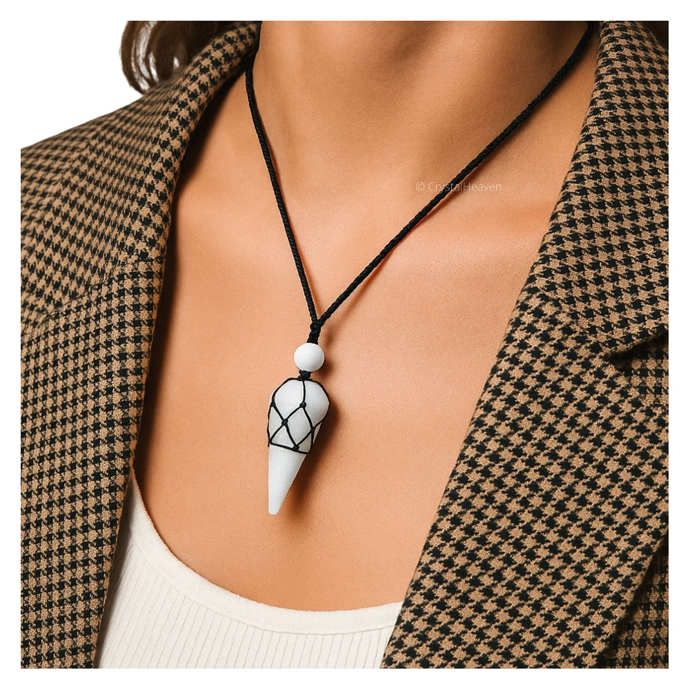 Snow Quartz Pendulum Pendant Necklace (Macrame)