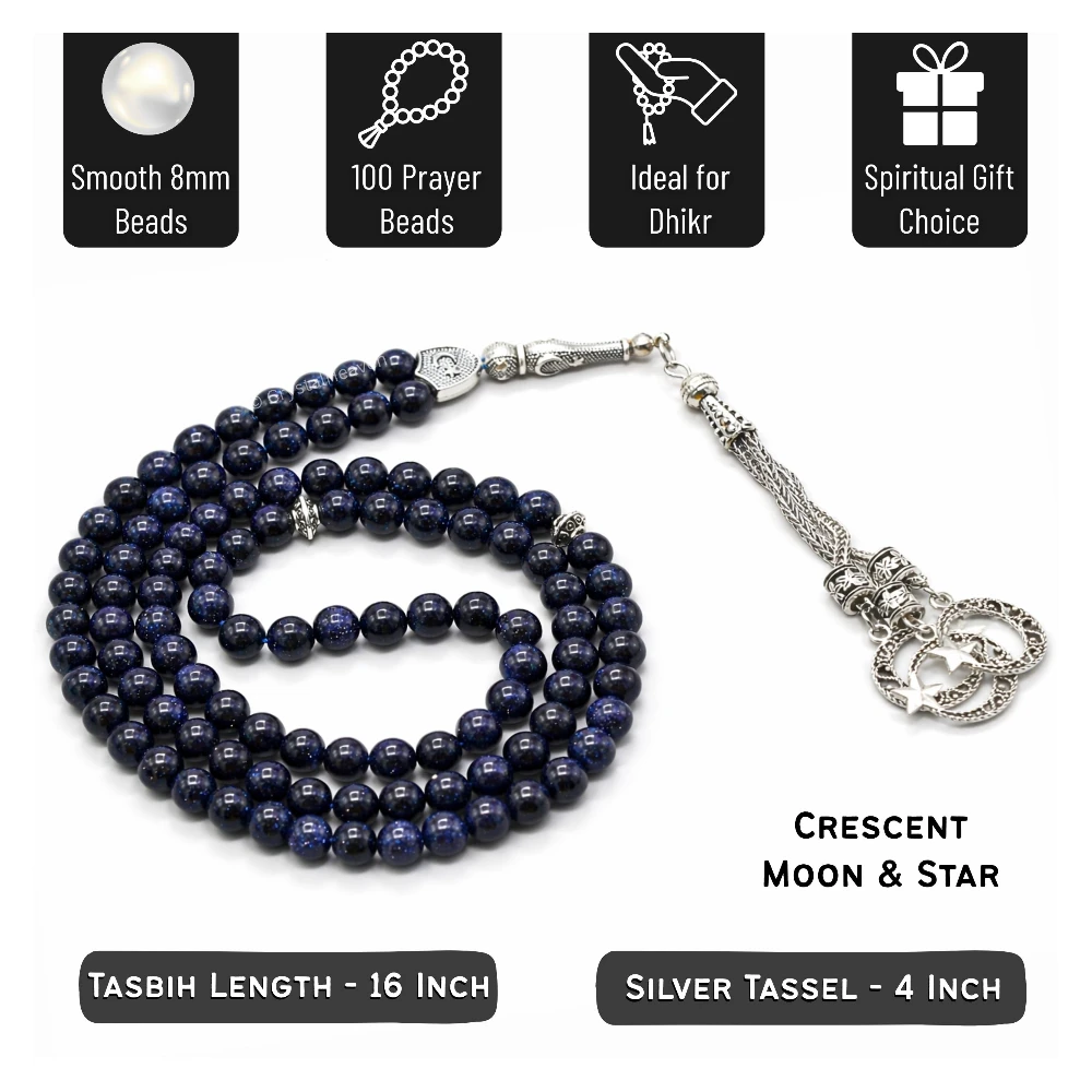 Blue Goldstone Crystal Tasbih (Silver)