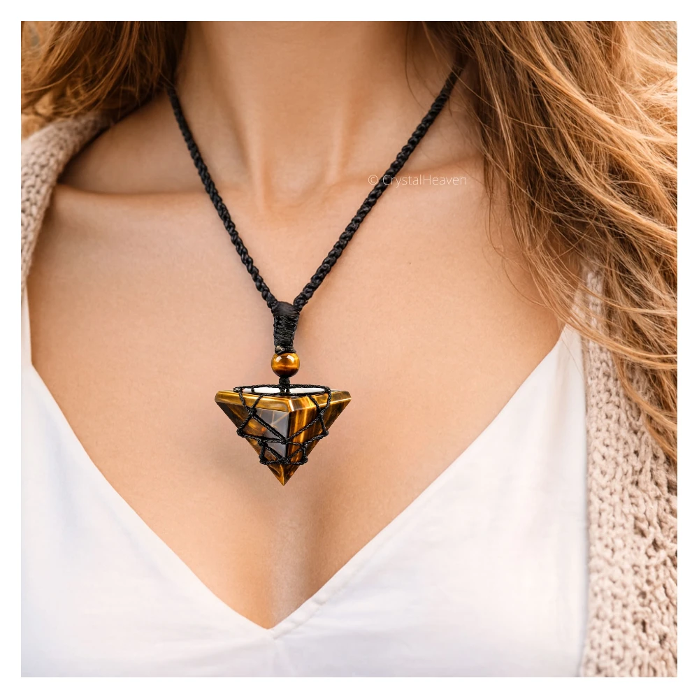 Tiger Eye Pyramid Macrame Pendant Necklace