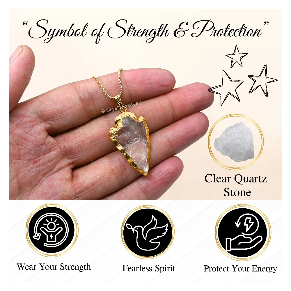 Clear Quartz Arrow Head Pendant - Gold Plated