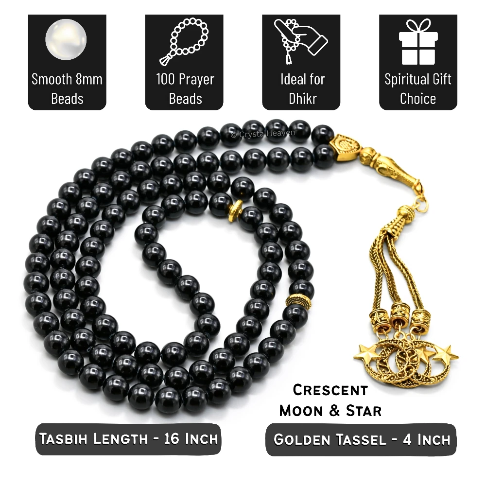 Black Tourmaline Crystal Tasbih (Gold)