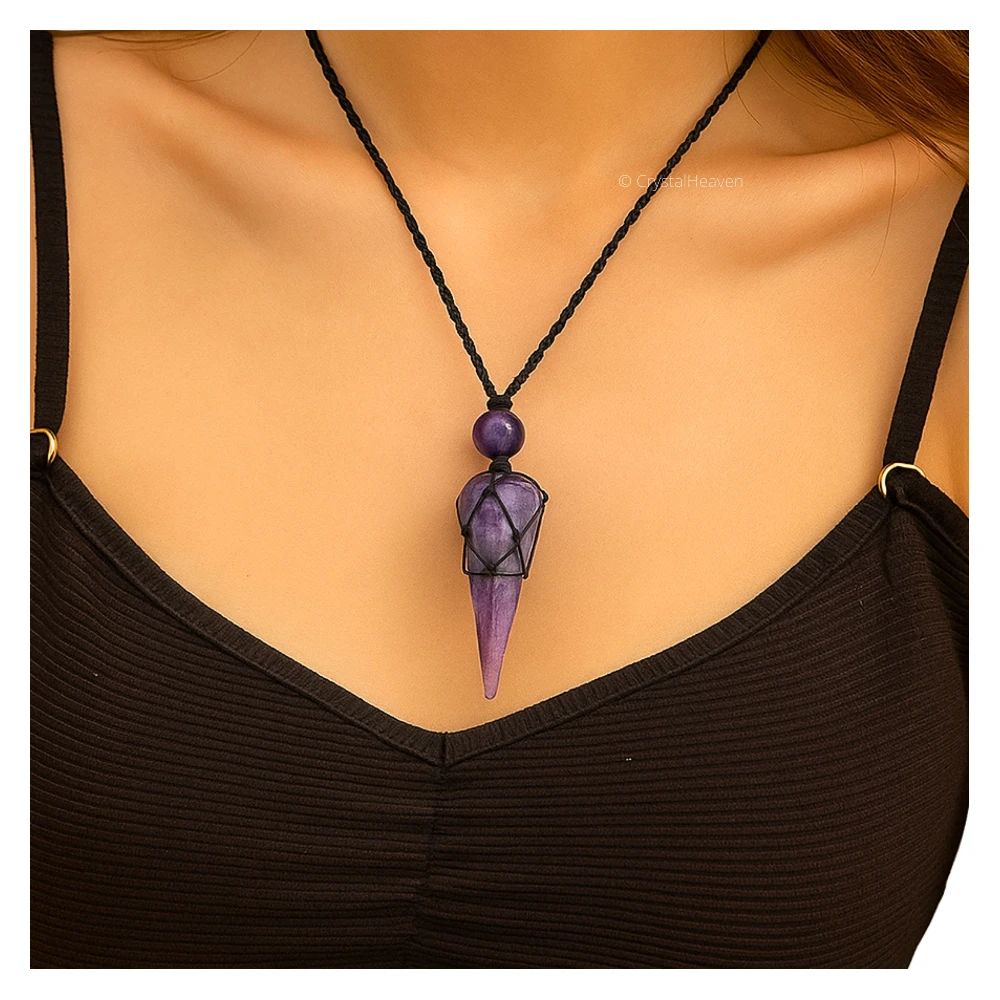 Lepidolite Pendulum Pendant Necklace (Macrame)