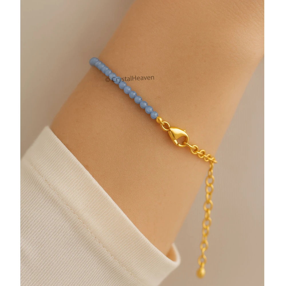 Blue Chalcedony Bracelets - 2mm Faceted Beads (Gold)