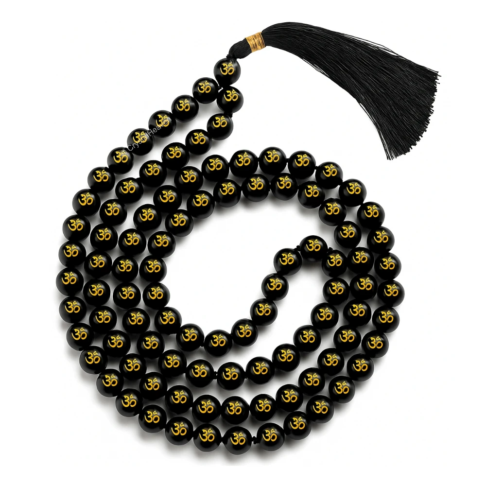 Black Agate Japa Mala (Om) (Without Knotted)