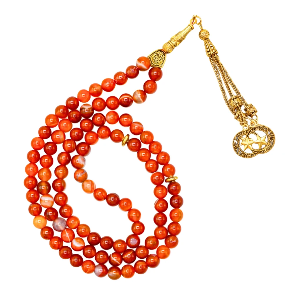Red Banded Agate Crystal Tasbih (Gold)