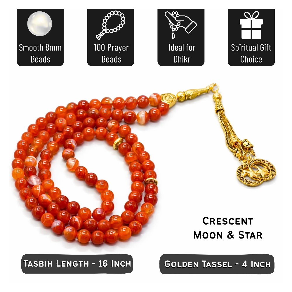 Red Banded Agate Crystal Tasbih (Gold)
