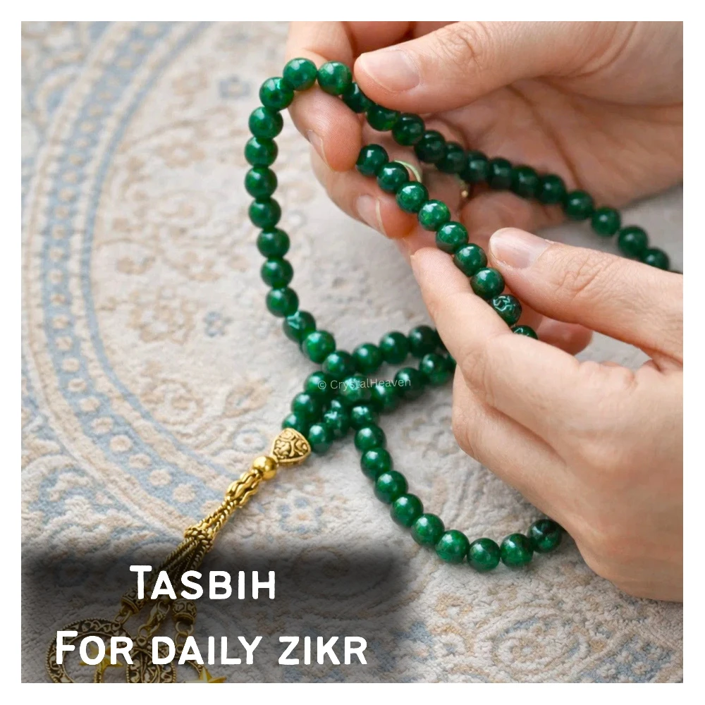 Green Jade (Dye) Crystal Tasbih (Gold)