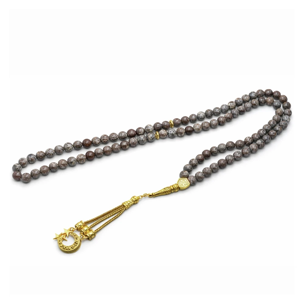 Brown Snowflake Obsidian Crystal Tasbih (Gold)