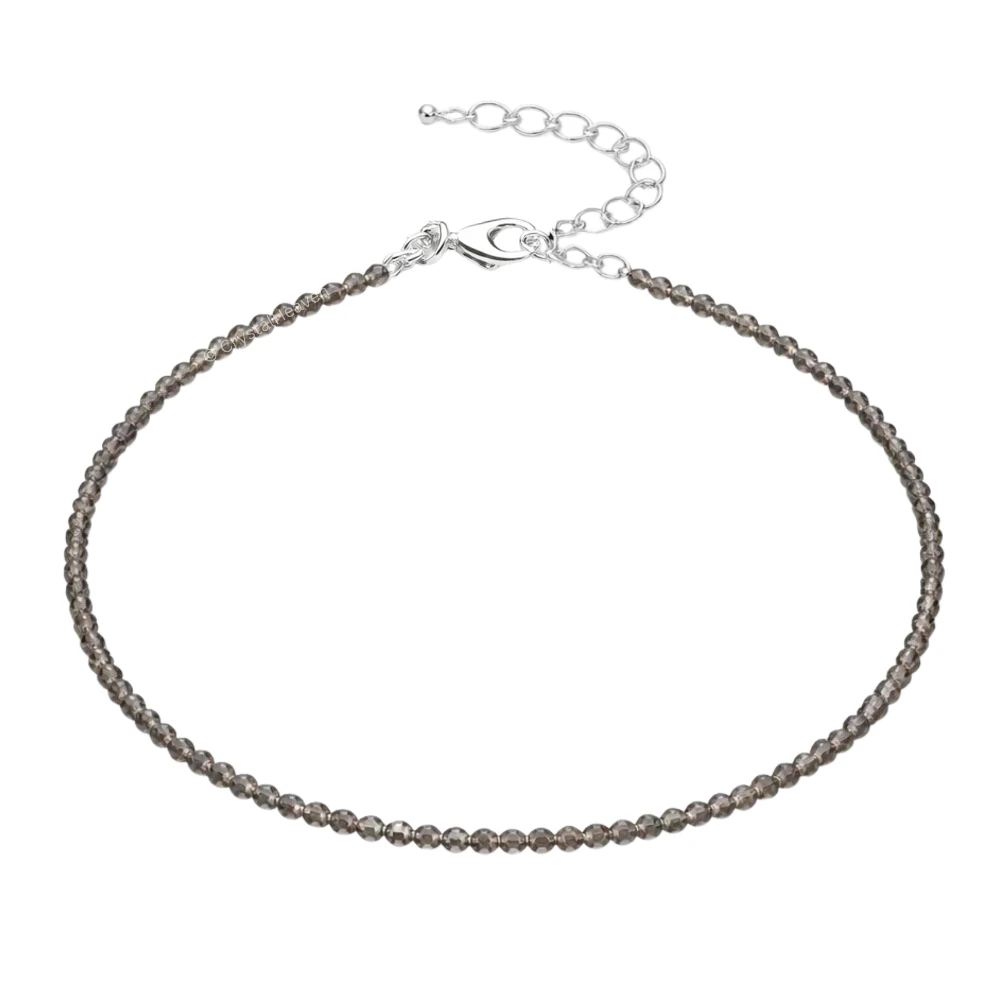 Smoky Quartz Anklet - 2mm Faceted Beads (Silver)