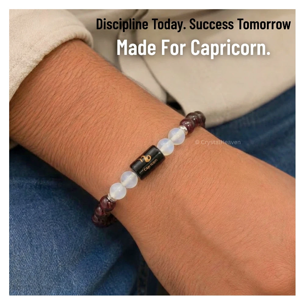 Capricorn Bracelet (मकर राशि) - Garnet & Milky Quartz (With Selenite Plate)