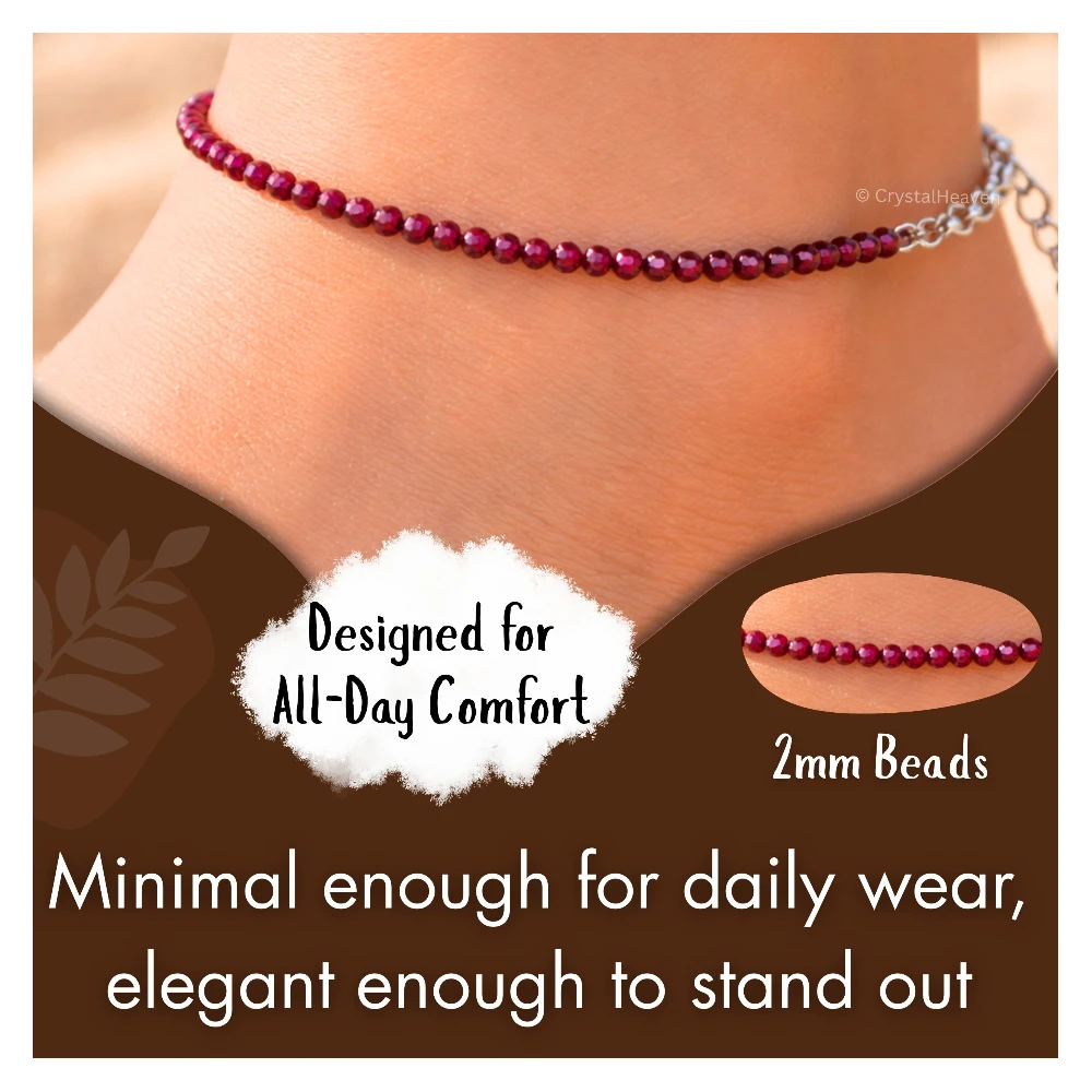 Pink Garnet Anklet - 2mm Faceted Beads (Silver)