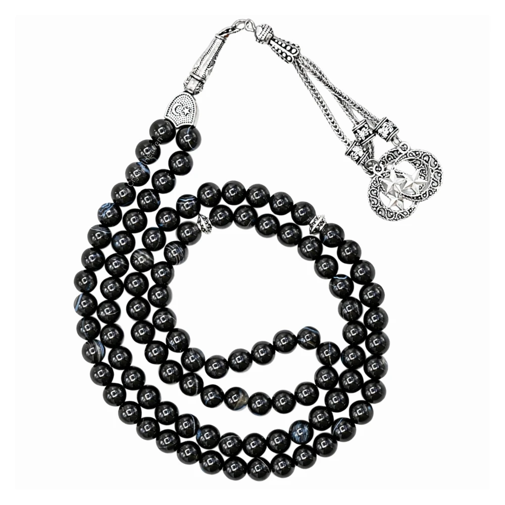 Black Banded Agate Crystal Tasbih (Silver)