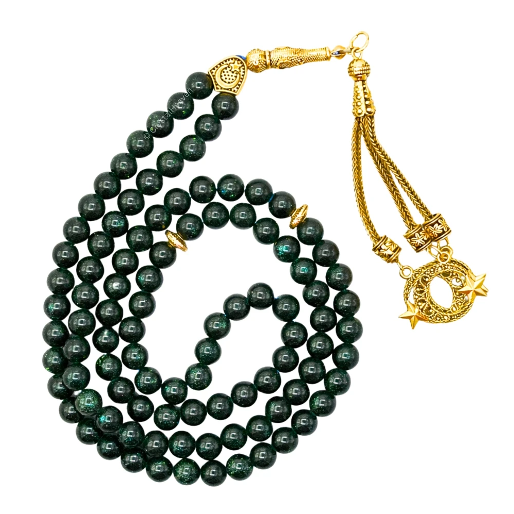 Green Goldstone Crystal Tasbih (Gold)
