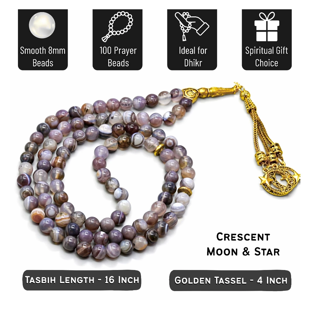 Botswana Agate Crystal Tasbih (Gold)