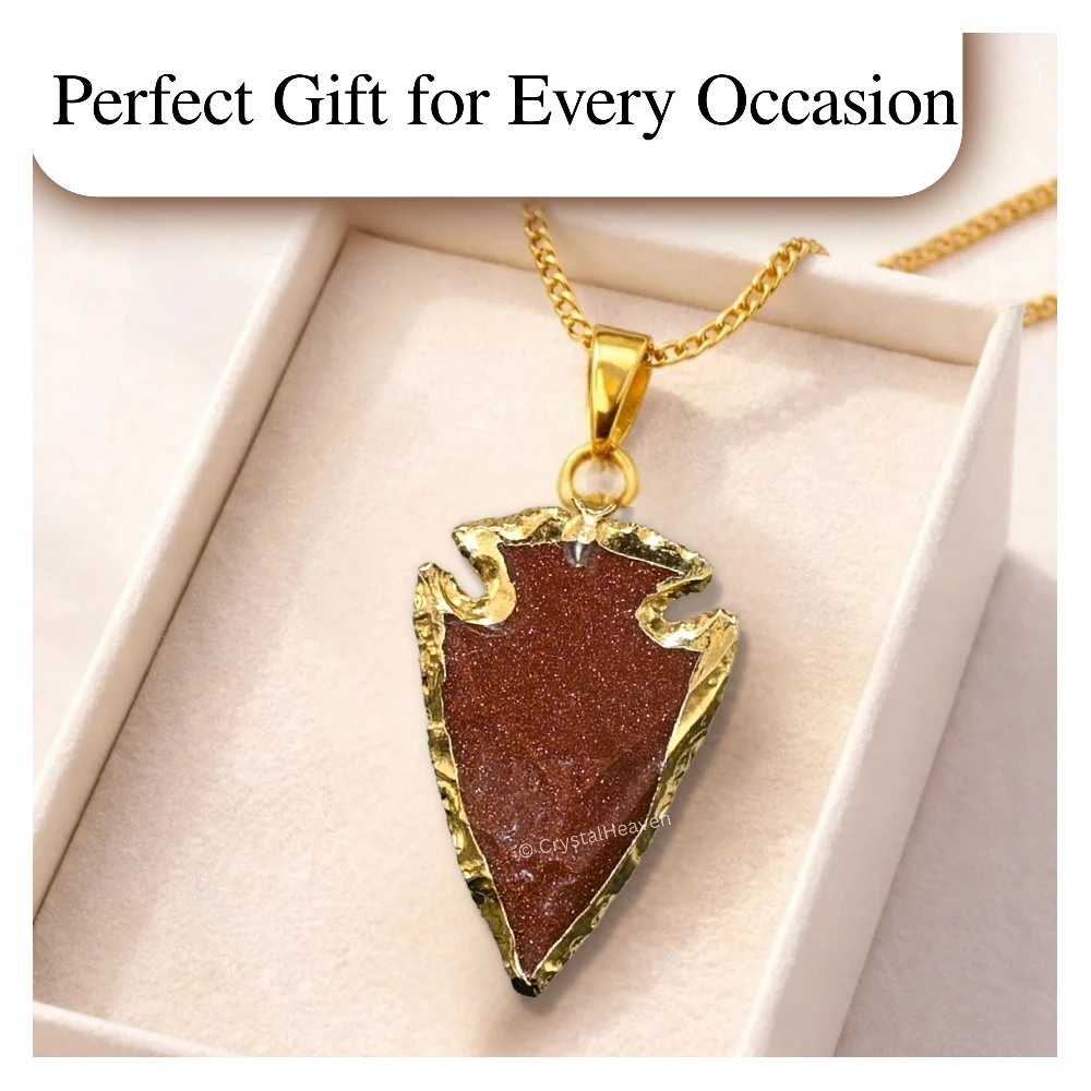 Red Goldstone Arrow Head Pendant - Gold Plated