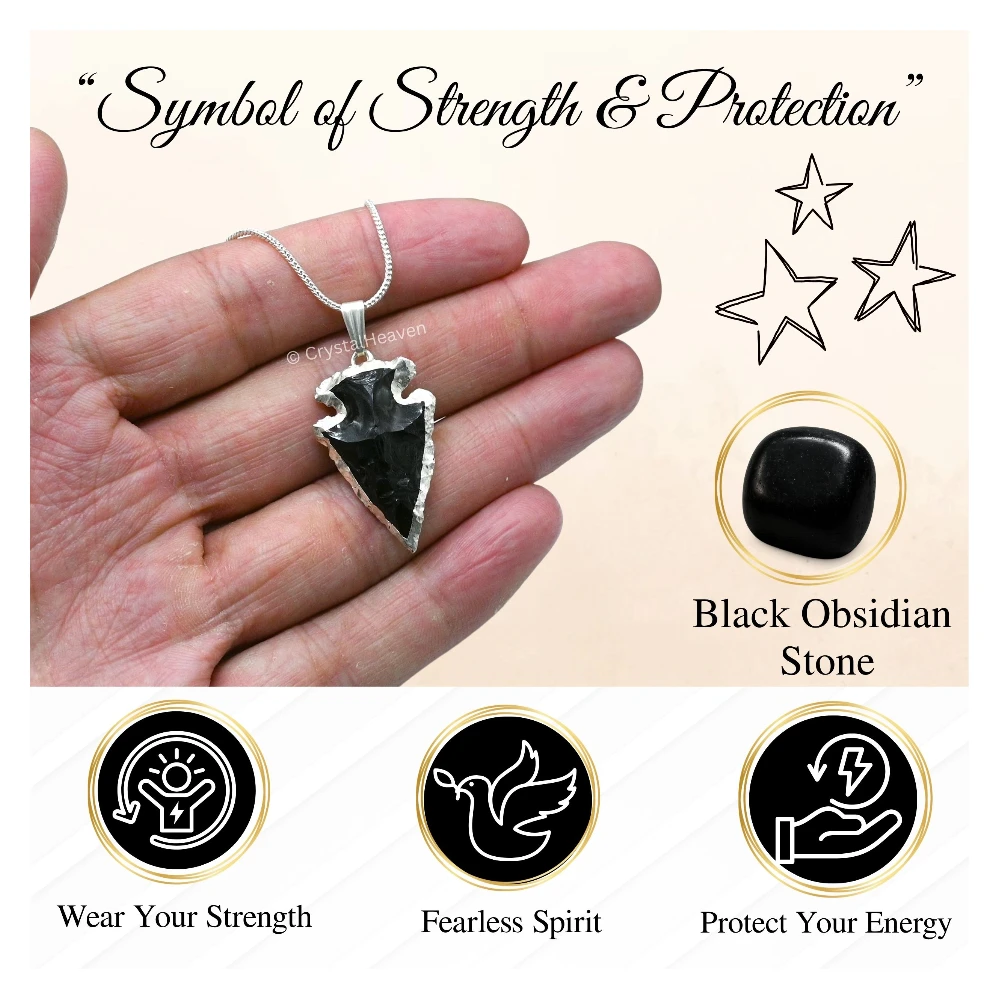 Black Obsidian Arrow Head Pendant - Silver Plated