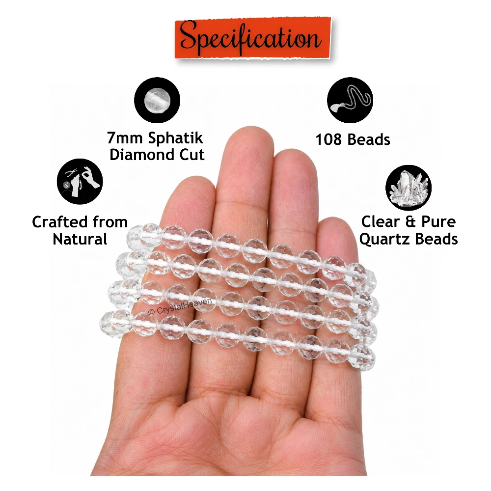 Sphatik Mala - Diamond Cut 108 Beads (7mm) (Hand Knotted)