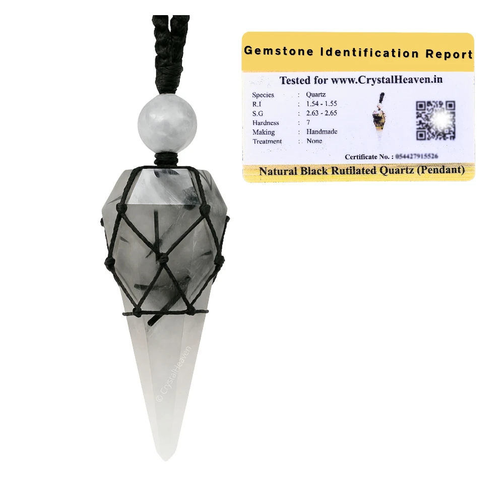 Black Rutilated Quartz Pendulum Pendant Necklace (Macrame)