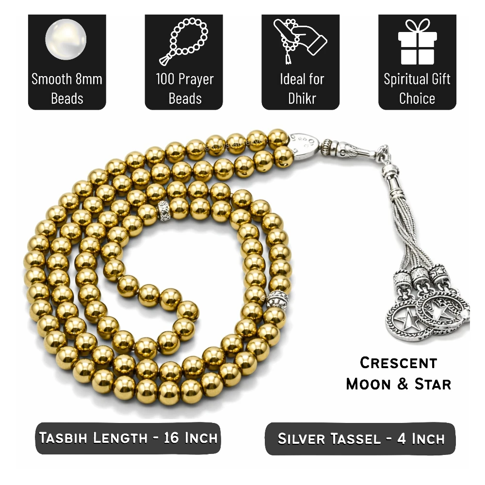 Golden Hematite Crystal Tasbih (Silver)