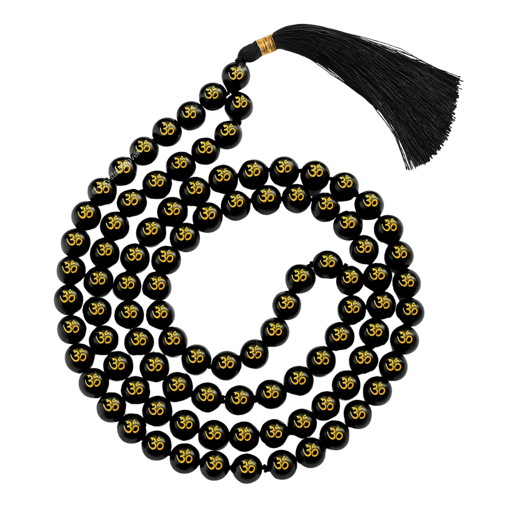 Black Agate Japa Mala (Om) (Without Knotted)