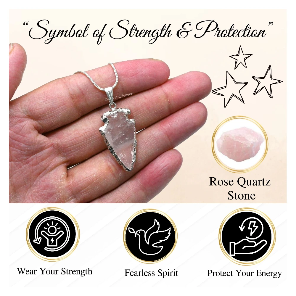 Rose Quartz Arrow Head Pendant - Silver Plated