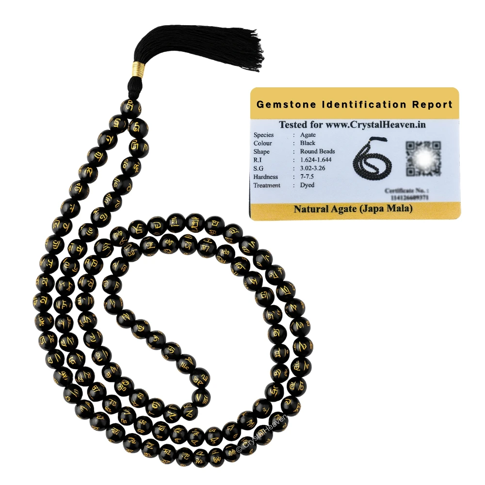Black Agate Om Mani Padme Hum Japa Mala (Without Knot)