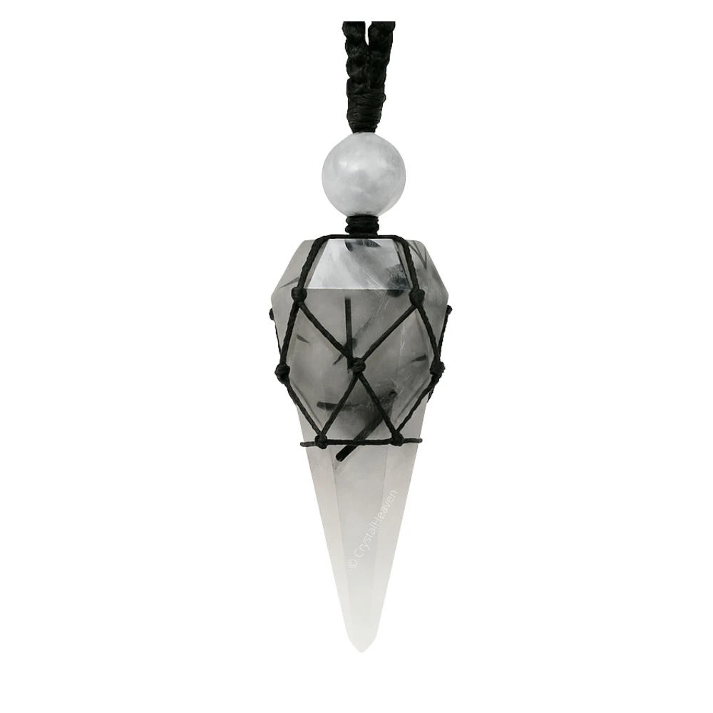 Black Rutilated Quartz Pendulum Pendant Necklace (Macrame)