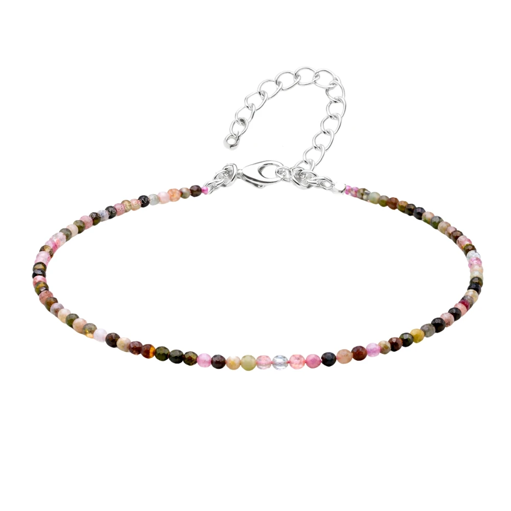 Multi Tourmaline Anklet - 2mm Faceted Beads (Silver)