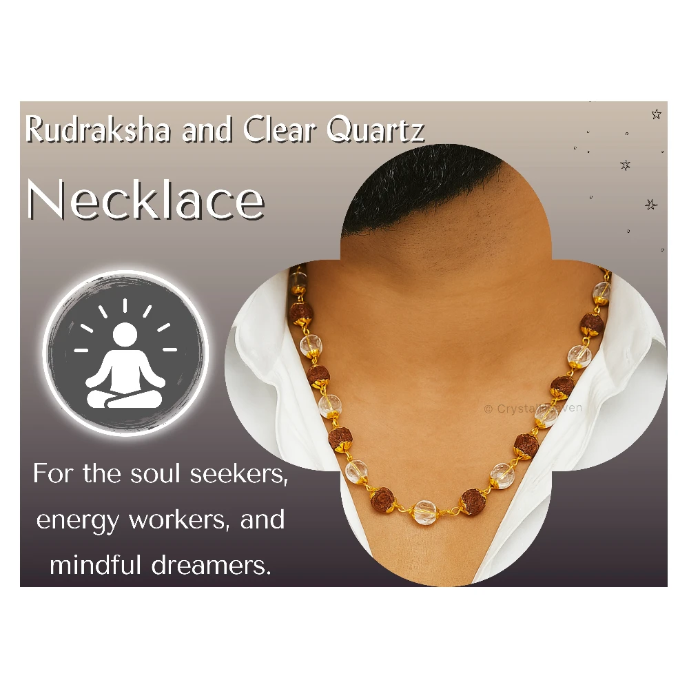Rudraksha and Sphatik Mala Necklace (Gold Chain - Faceted)
