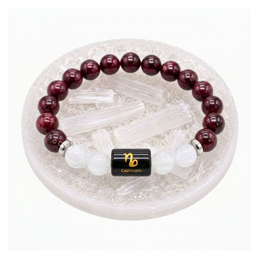 Capricorn Bracelet (मकर राशि) - Garnet & Milky Quartz (With Selenite Plate)