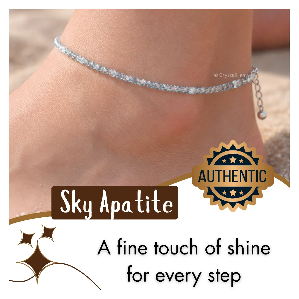 Sky Apatite Anklet - 2mm Faceted Beads (Silver)