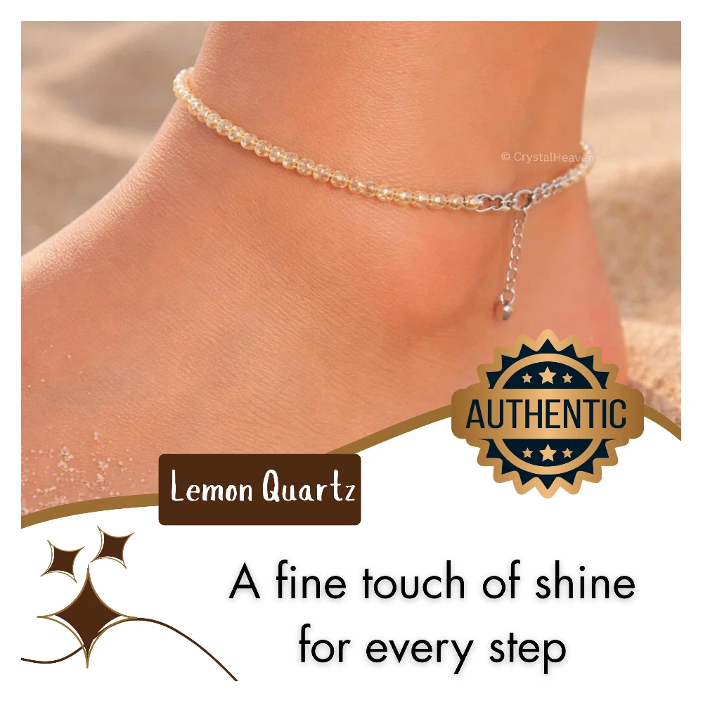 Lemon Quartz Anklet - 2mm Faceted Beads (Silver)