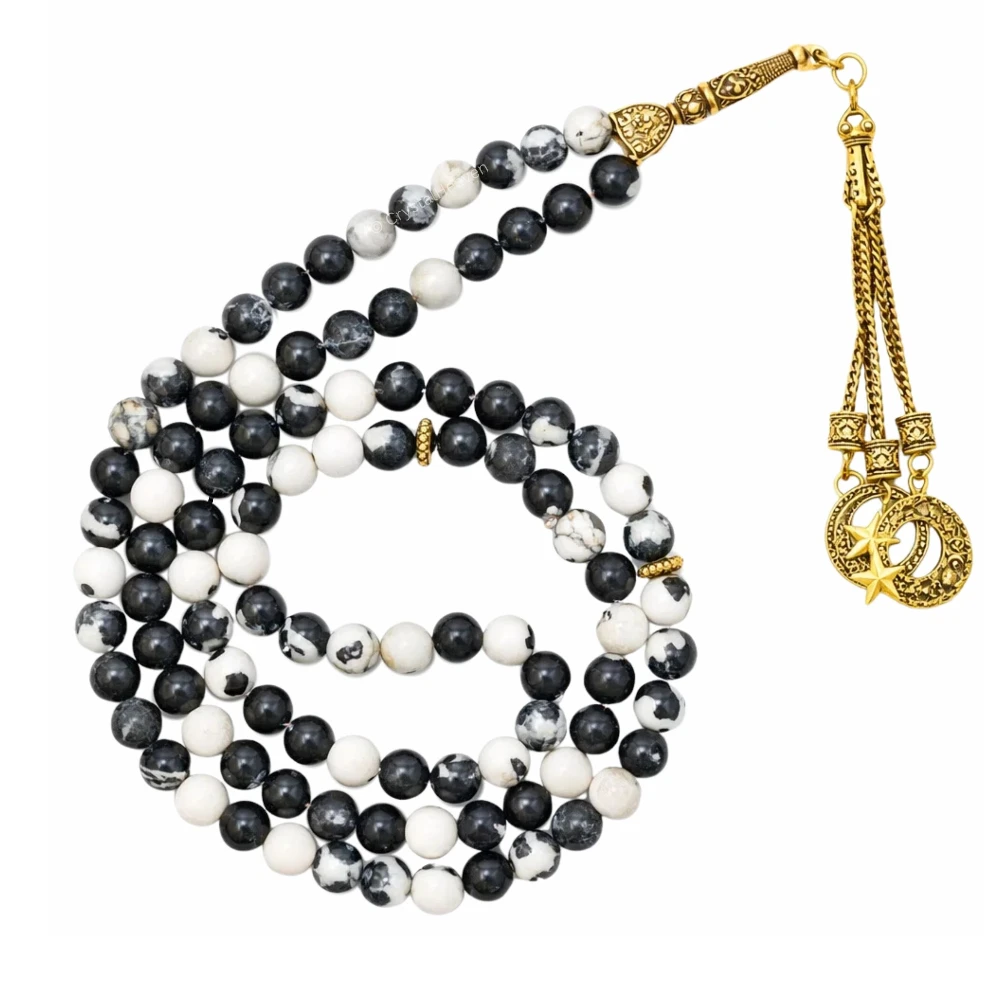 Black and White Jasper Crystal Tasbih (Gold)