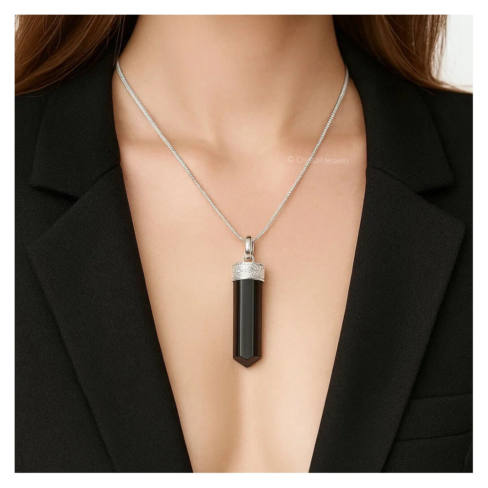 Black Tourmaline Necklace - Pencil Point (Silver)
