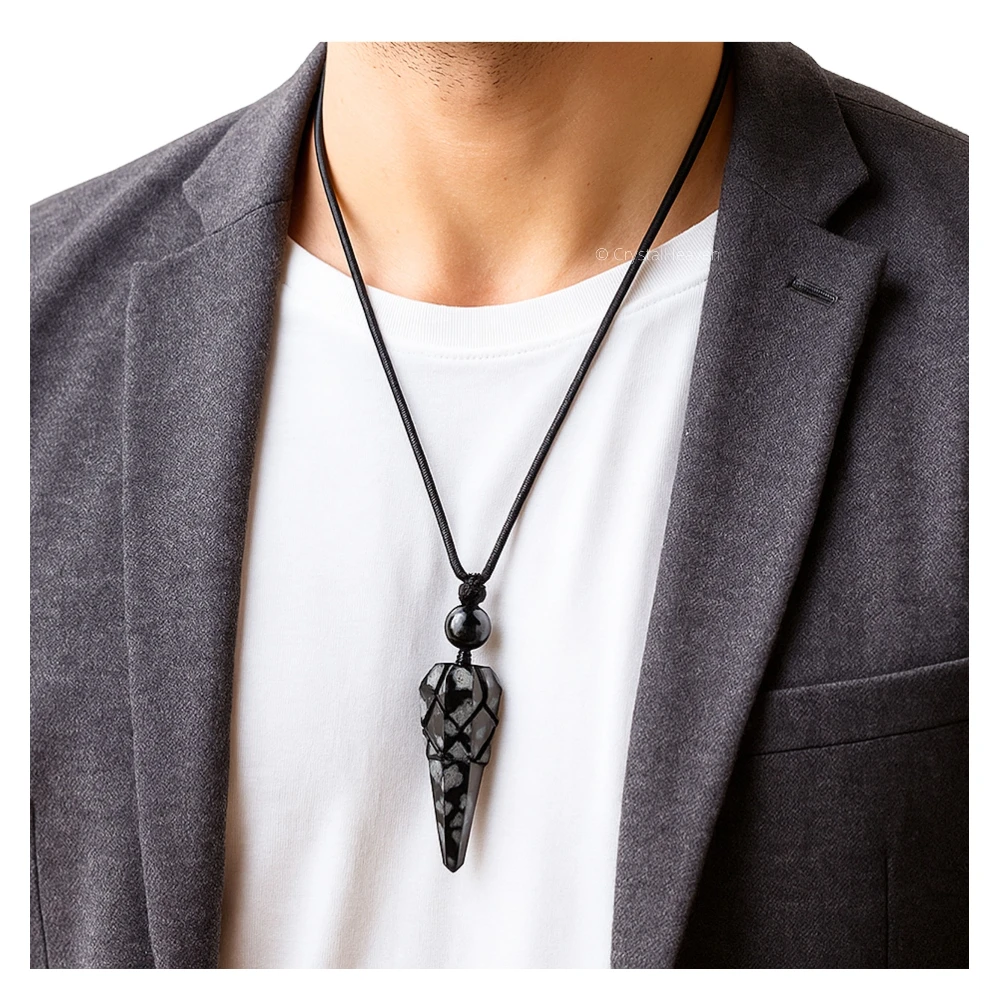 Snowflake Obsidian Pendulum Pendant Necklace (Macrame)